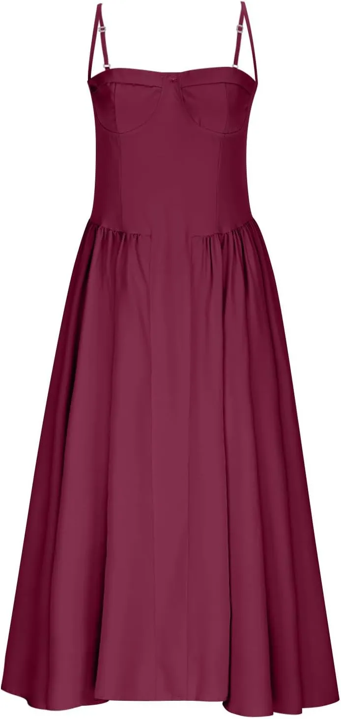 2025 Corset Dress for Women Elegant Spaghetti Strap Bustier Midi Dress Flowy Pleated Hem Prom Dresses with Pockets