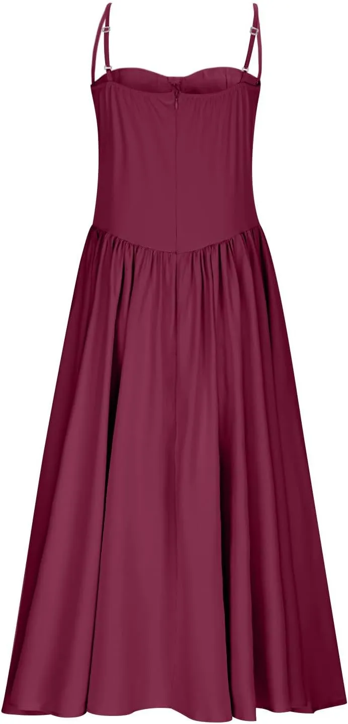 2025 Corset Dress for Women Elegant Spaghetti Strap Bustier Midi Dress Flowy Pleated Hem Prom Dresses with Pockets