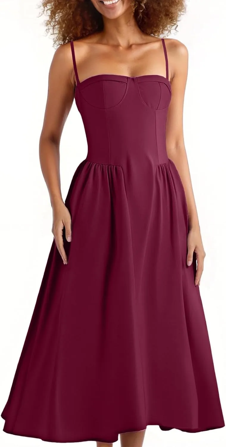 2025 Corset Dress for Women Elegant Spaghetti Strap Bustier Midi Dress Flowy Pleated Hem Prom Dresses with Pockets