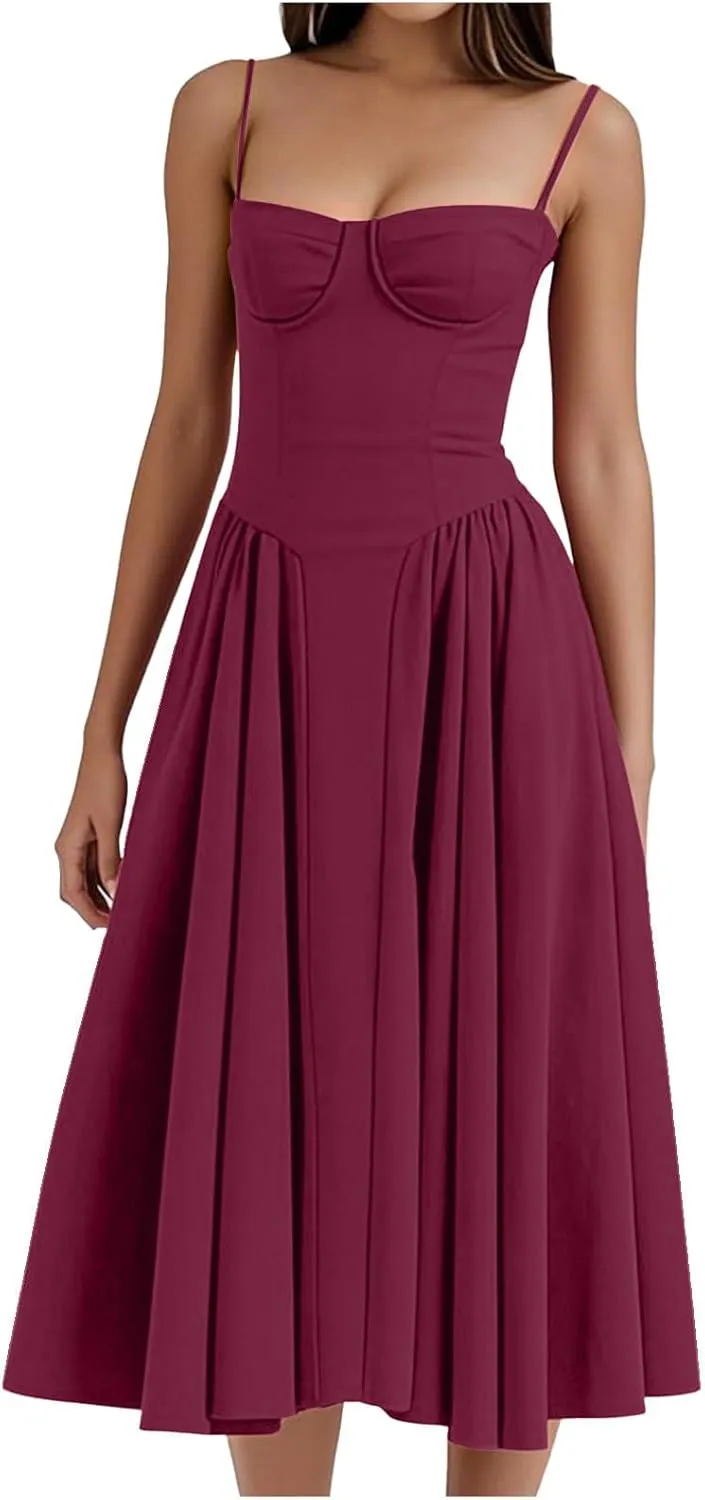 2025 Corset Dress for Women Elegant Spaghetti Strap Bustier Midi Dress Flowy Pleated Hem Prom Dresses with Pockets