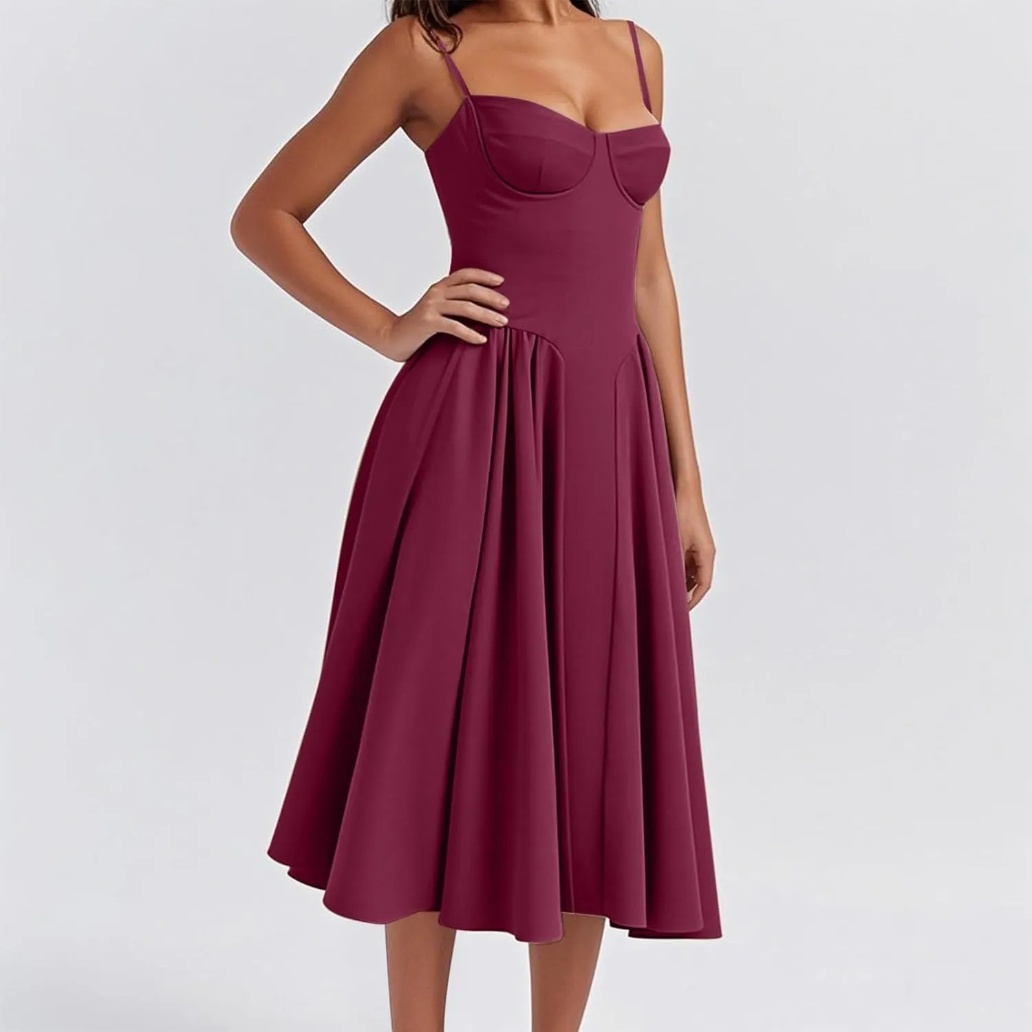 2025 Corset Dress for Women Elegant Spaghetti Strap Bustier Midi Dress Flowy Pleated Hem Prom Dresses with Pockets
