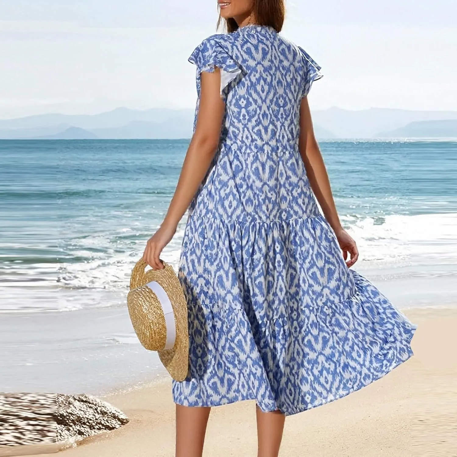 ADHOWBEW Womens Casual Summer Dresses Short Sleeve Waist Tie Smocked Floral Print Dress