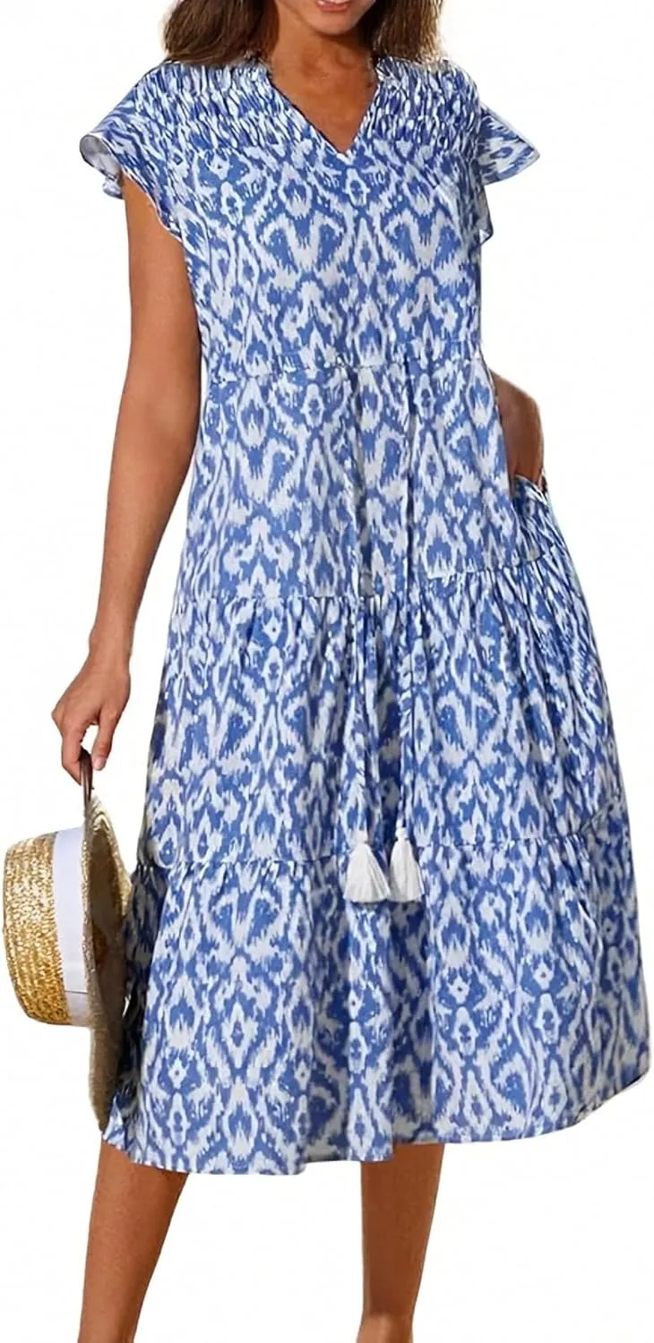 ADHOWBEW Womens Casual Summer Dresses Short Sleeve Waist Tie Smocked Floral Print Dress