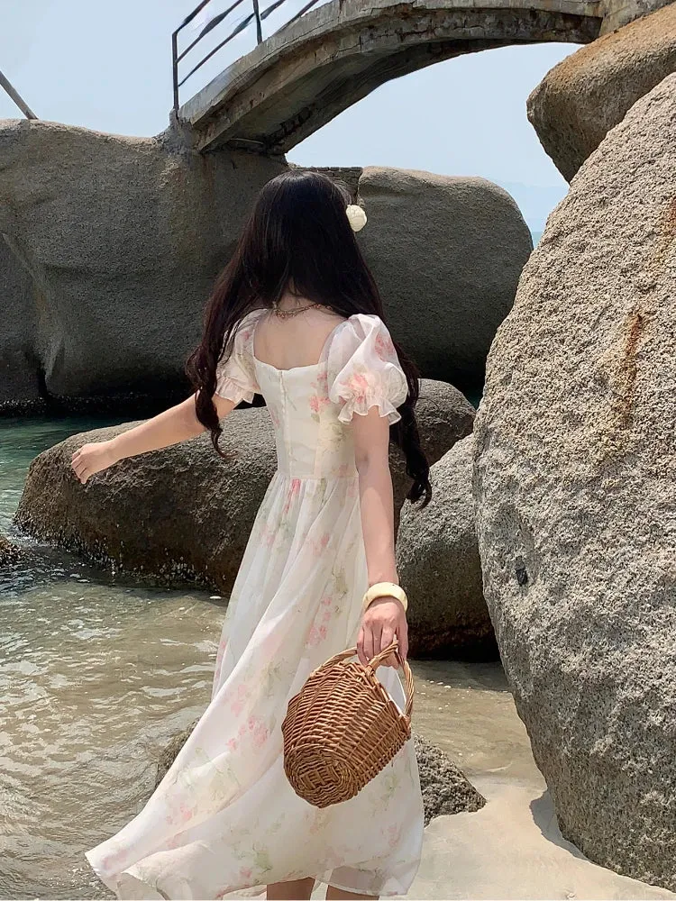 Aiertu Summer French Design Elegant Sundress Women Short Sleeves Floral Midi Dress Beach Style Casual Fashion Party Dress Korean
