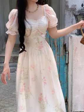 Aiertu Summer French Design Elegant Sundress Women Short Sleeves Floral Midi Dress Beach Style Casual Fashion Party Dress Korean
