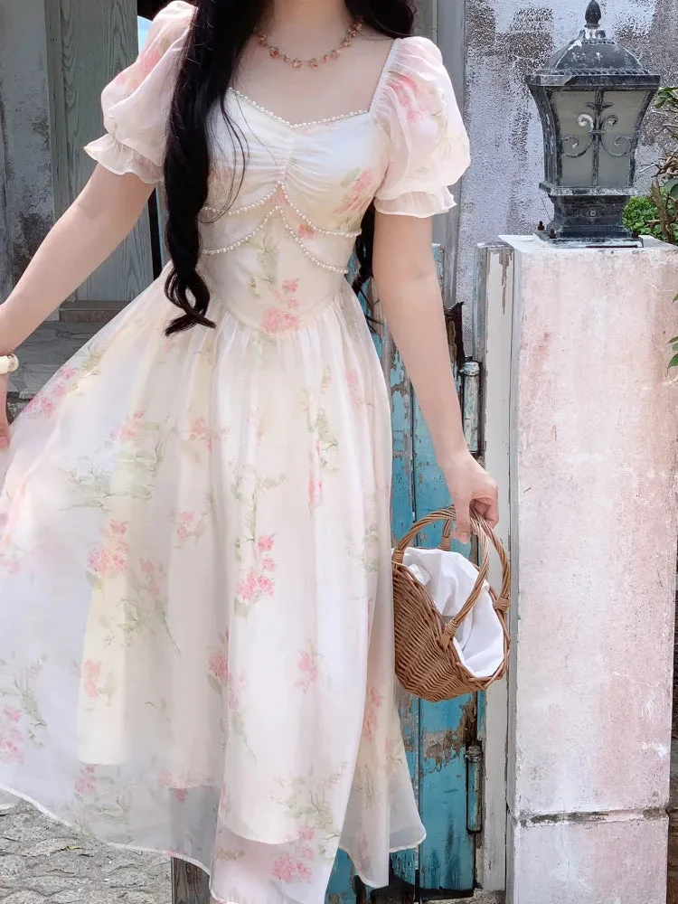 Aiertu Summer French Design Elegant Sundress Women Short Sleeves Floral Midi Dress Beach Style Casual Fashion Party Dress Korean