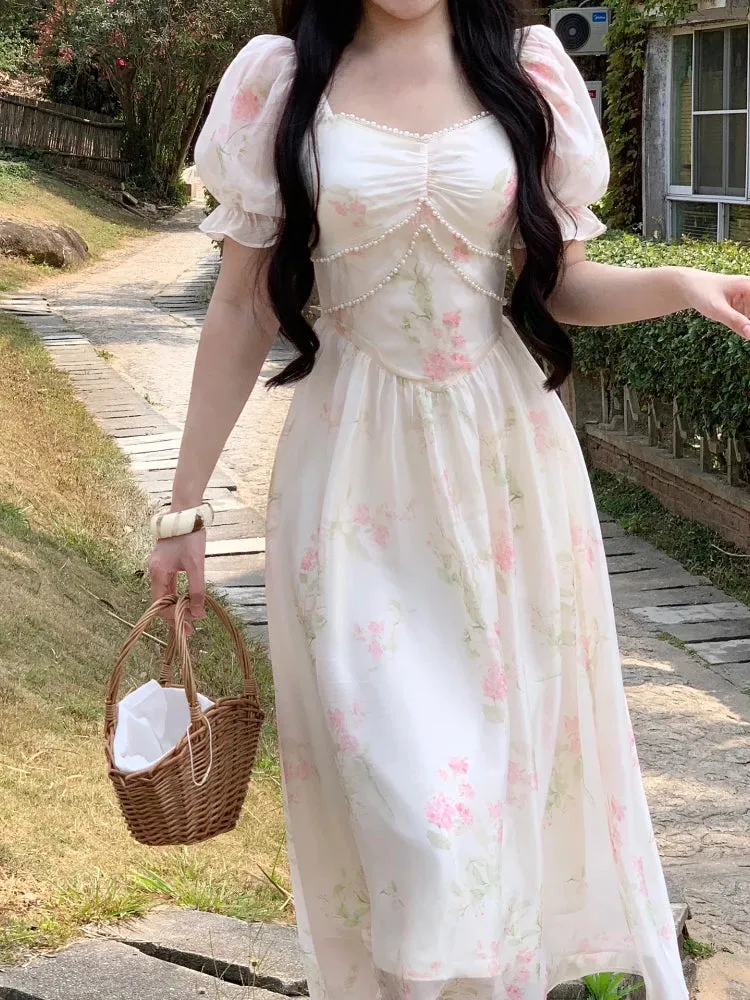 Aiertu Summer French Design Elegant Sundress Women Short Sleeves Floral Midi Dress Beach Style Casual Fashion Party Dress Korean