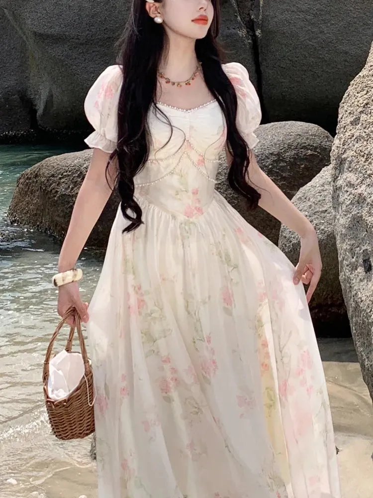 Aiertu Summer French Design Elegant Sundress Women Short Sleeves Floral Midi Dress Beach Style Casual Fashion Party Dress Korean