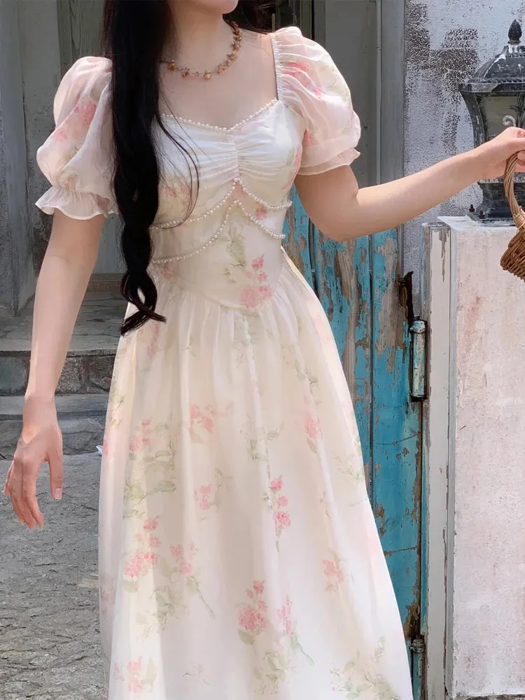 Aiertu Summer French Design Elegant Sundress Women Short Sleeves Floral Midi Dress Beach Style Casual Fashion Party Dress Korean