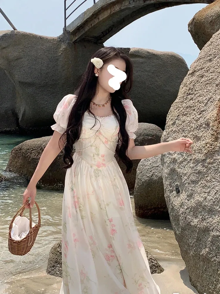 Aiertu Summer French Design Elegant Sundress Women Short Sleeves Floral Midi Dress Beach Style Casual Fashion Party Dress Korean