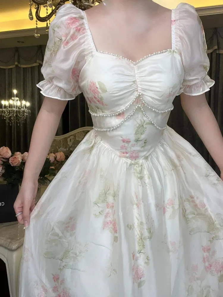 Aiertu Summer French Design Elegant Sundress Women Short Sleeves Floral Midi Dress Beach Style Casual Fashion Party Dress Korean