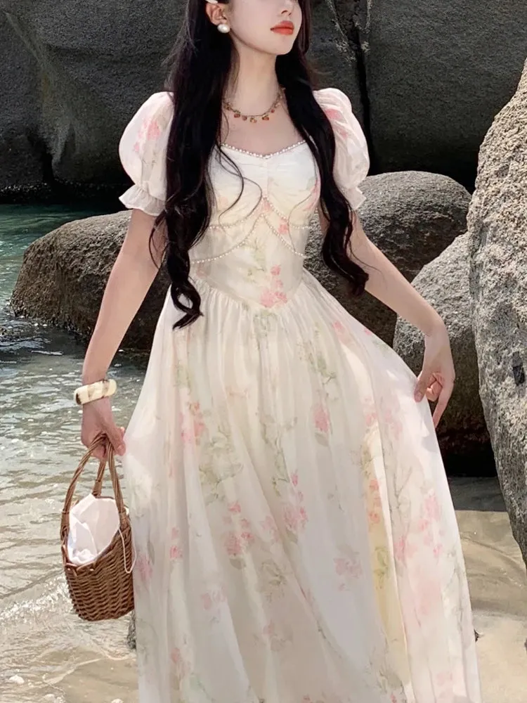 Aiertu Summer French Design Elegant Sundress Women Short Sleeves Floral Midi Dress Beach Style Casual Fashion Party Dress Korean