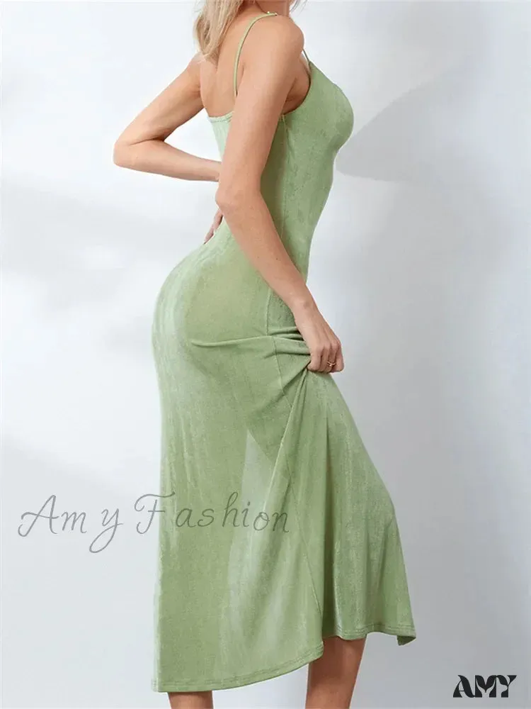 Amy Fashion - Sexy Women Summer High Split  Solid Spaghetti Strap Square Neck Backless Slim  Female Vestidos