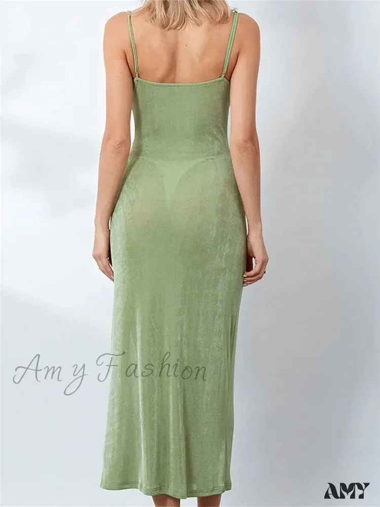 Amy Fashion - Sexy Women Summer High Split  Solid Spaghetti Strap Square Neck Backless Slim  Female Vestidos