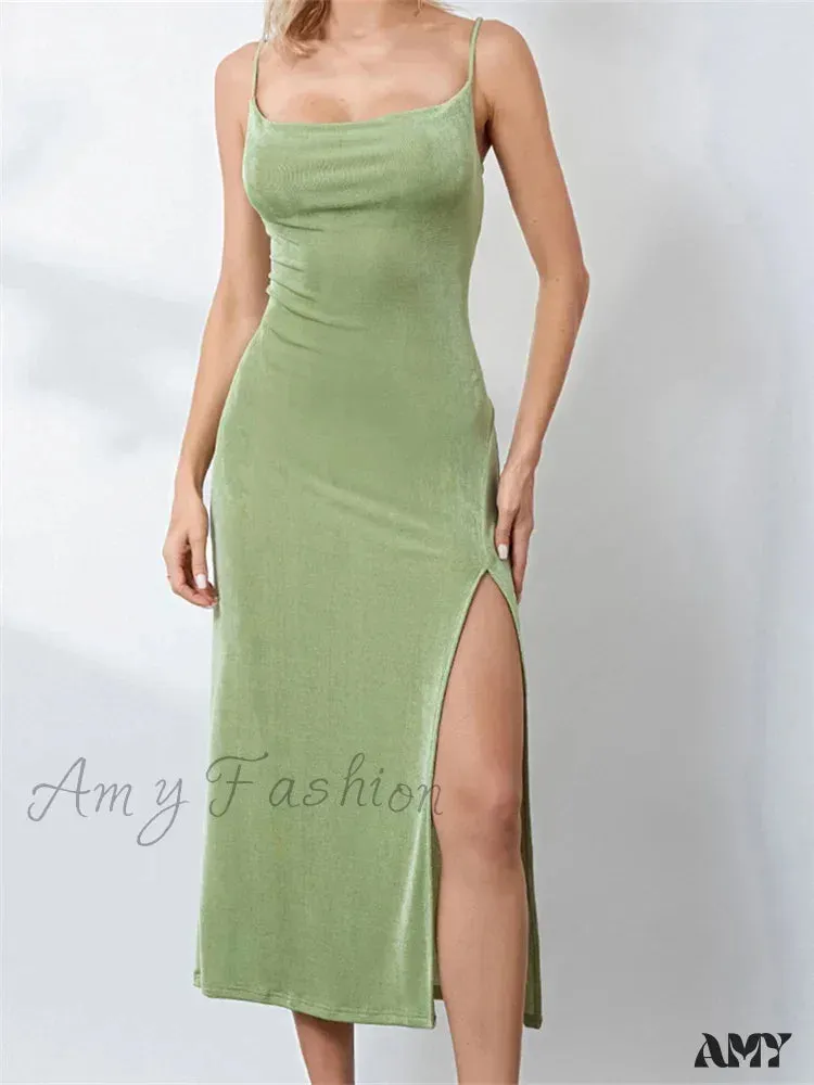 Amy Fashion - Sexy Women Summer High Split  Solid Spaghetti Strap Square Neck Backless Slim  Female Vestidos