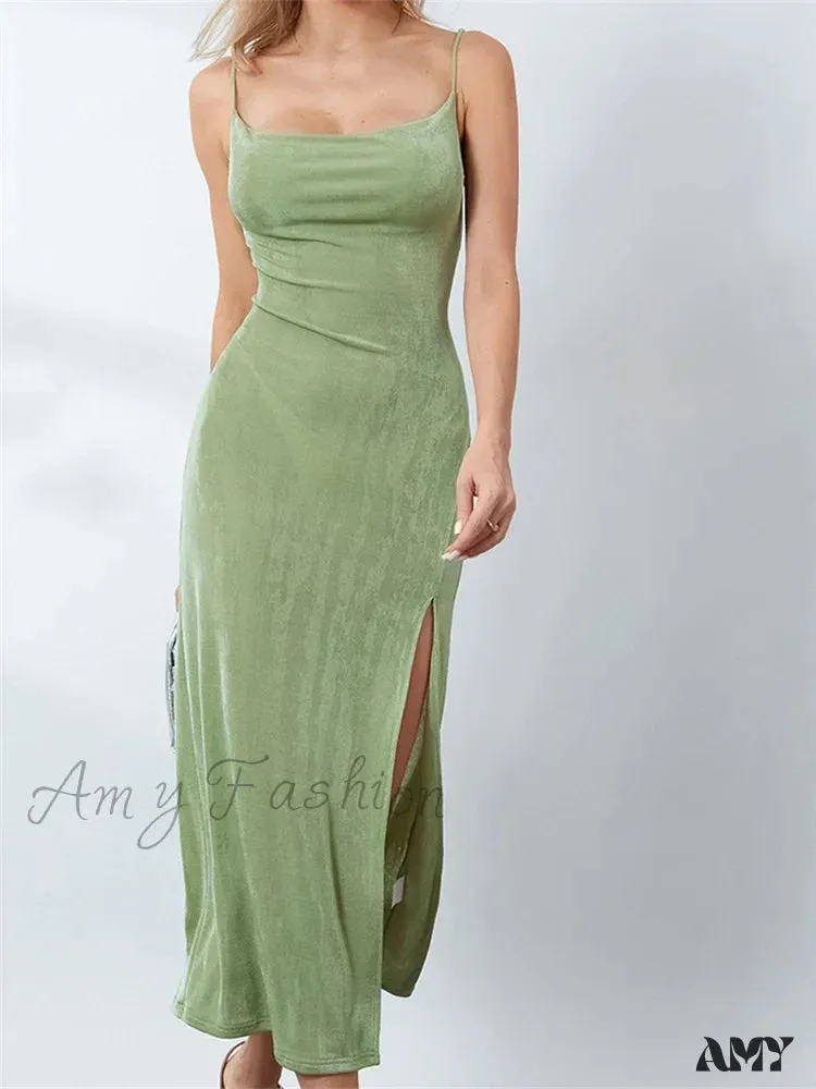 Amy Fashion - Sexy Women Summer High Split  Solid Spaghetti Strap Square Neck Backless Slim  Female Vestidos