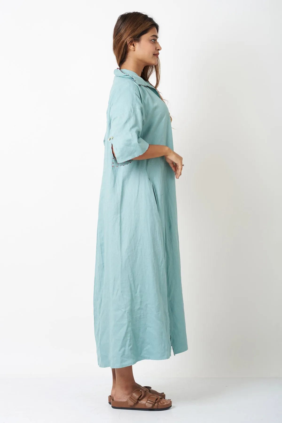 Aqua Viscose Linen Shirt Dress