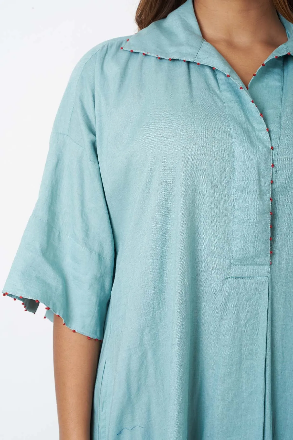 Aqua Viscose Linen Shirt Dress