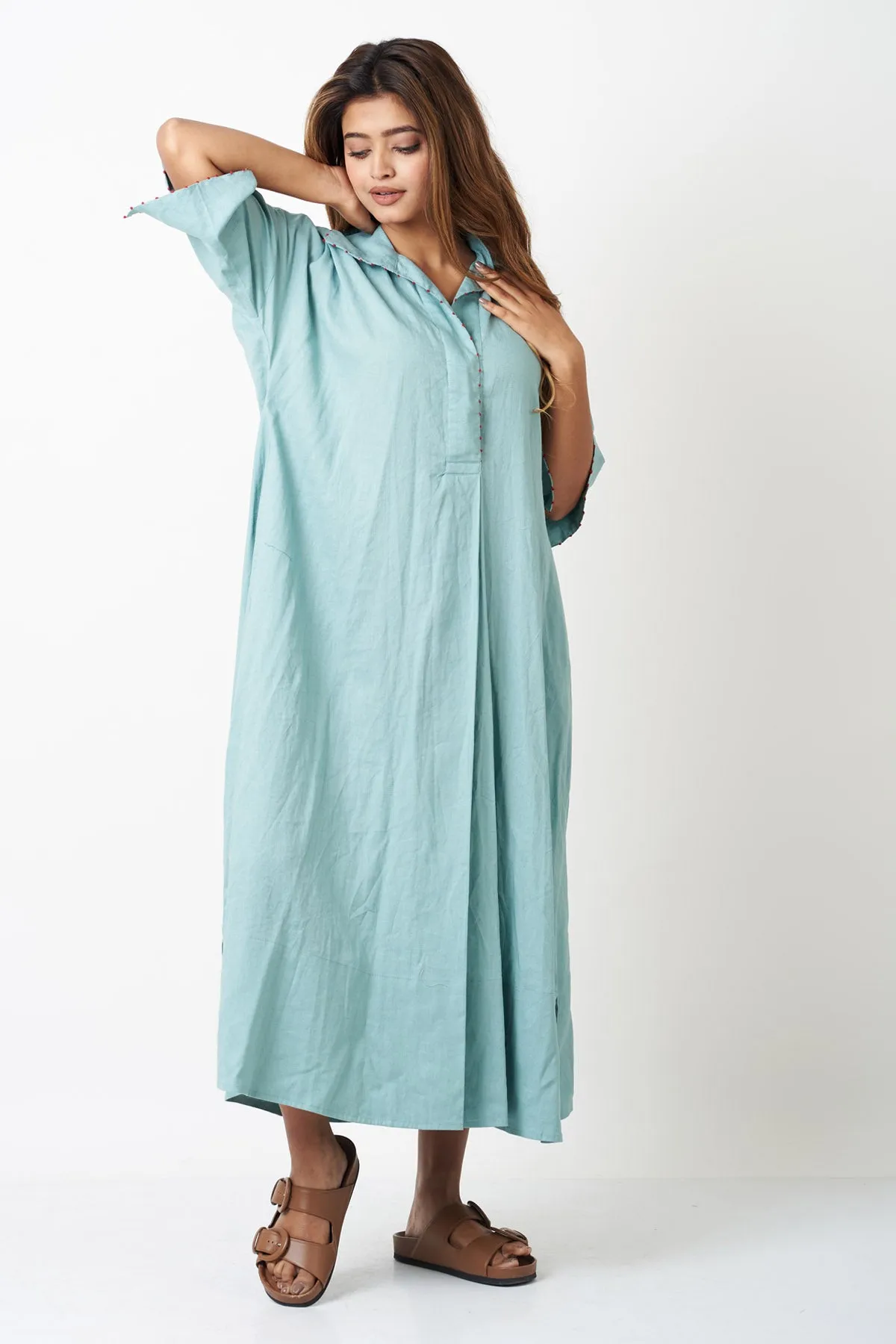 Aqua Viscose Linen Shirt Dress