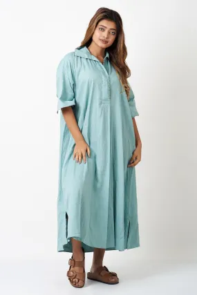 Aqua Viscose Linen Shirt Dress