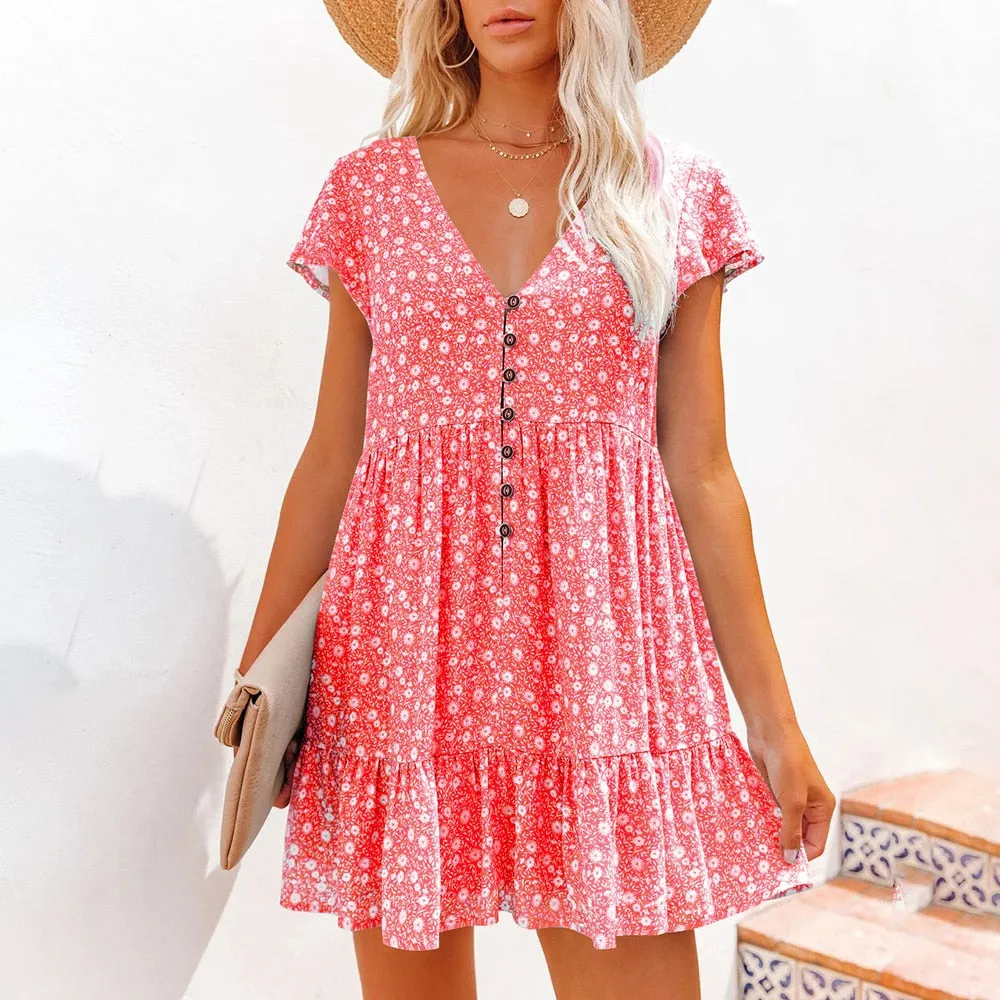 BerriesJam - Floral V-neck Chiffon Ruffles Mini Sundress