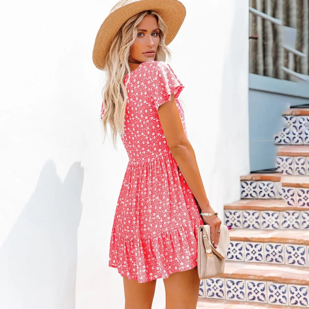 BerriesJam - Floral V-neck Chiffon Ruffles Mini Sundress