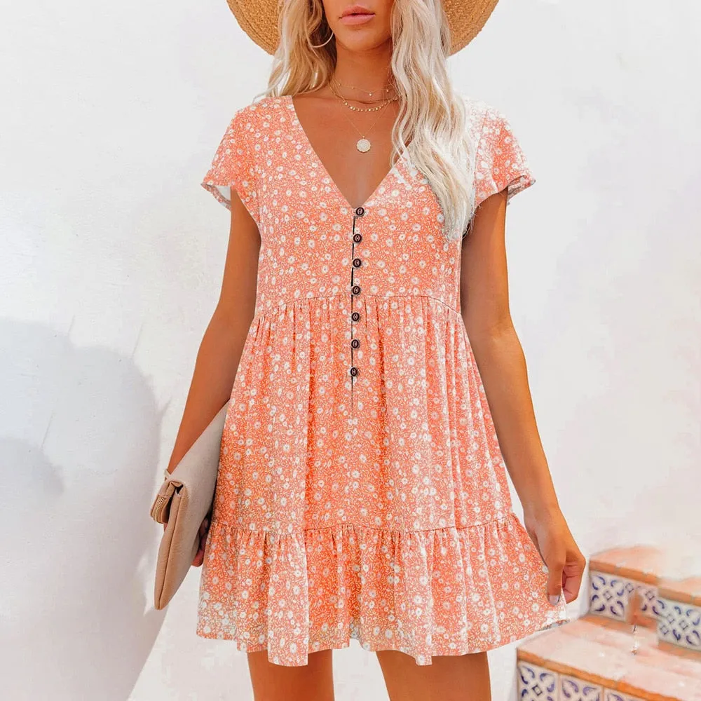 BerriesJam - Floral V-neck Chiffon Ruffles Mini Sundress