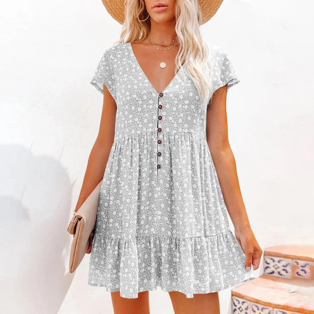 BerriesJam - Floral V-neck Chiffon Ruffles Mini Sundress