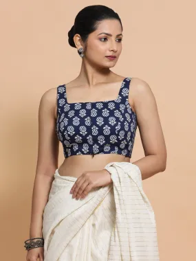 Bina x Rozaana | Sleeveless Cotton Saree Blouse in Indigo Blue Flower Block Print Fabric