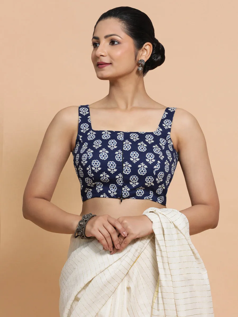 Bina x Rozaana | Sleeveless Cotton Saree Blouse in Indigo Blue Flower Block Print Fabric