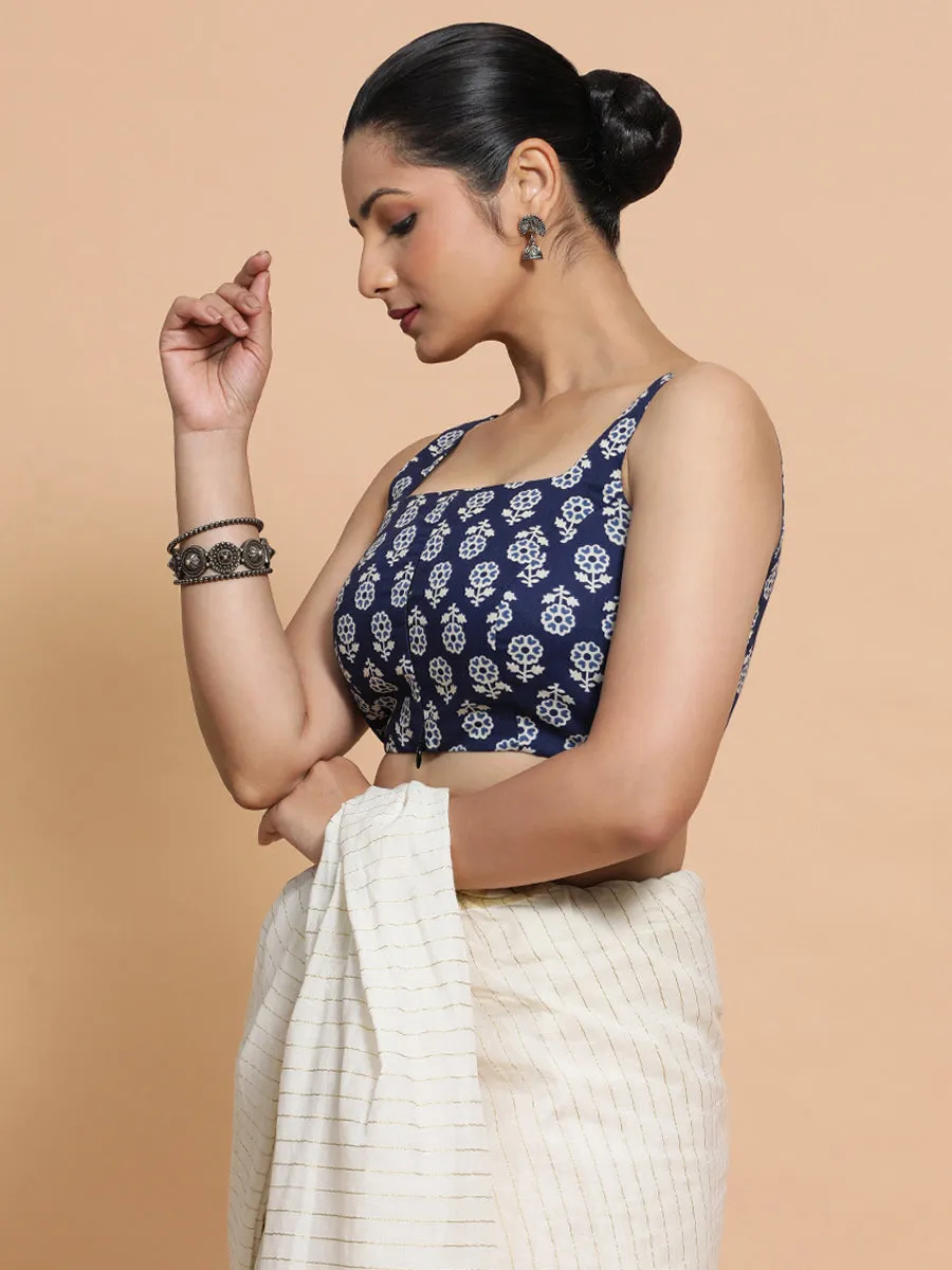 Bina x Rozaana | Sleeveless Cotton Saree Blouse in Indigo Blue Flower Block Print Fabric