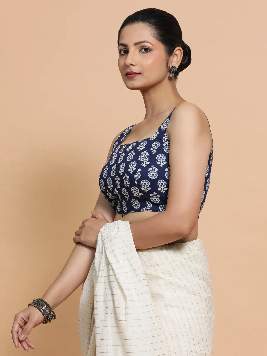 Bina x Rozaana | Sleeveless Cotton Saree Blouse in Indigo Blue Flower Block Print Fabric