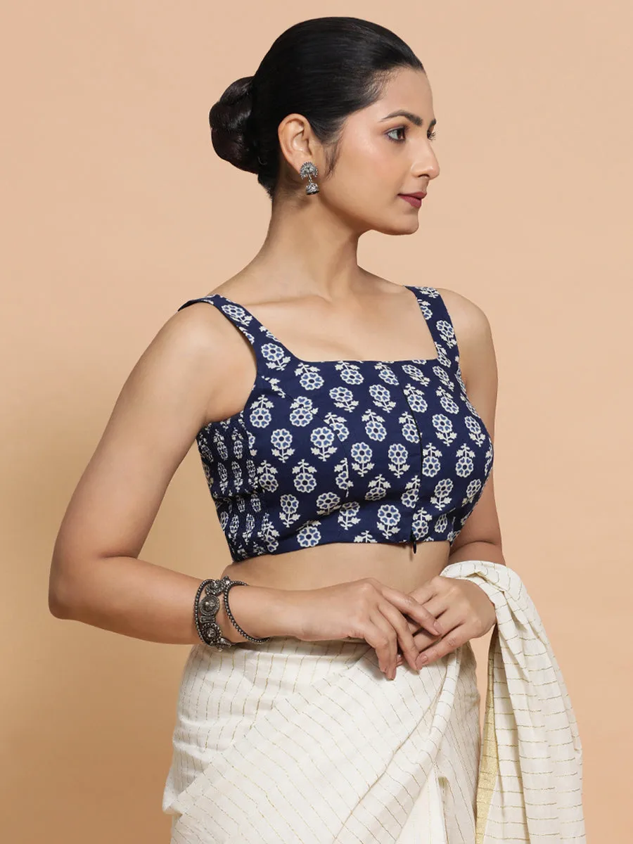 Bina x Rozaana | Sleeveless Cotton Saree Blouse in Indigo Blue Flower Block Print Fabric