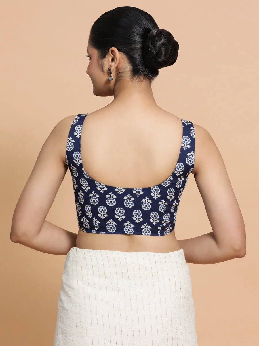 Bina x Rozaana | Sleeveless Cotton Saree Blouse in Indigo Blue Flower Block Print Fabric