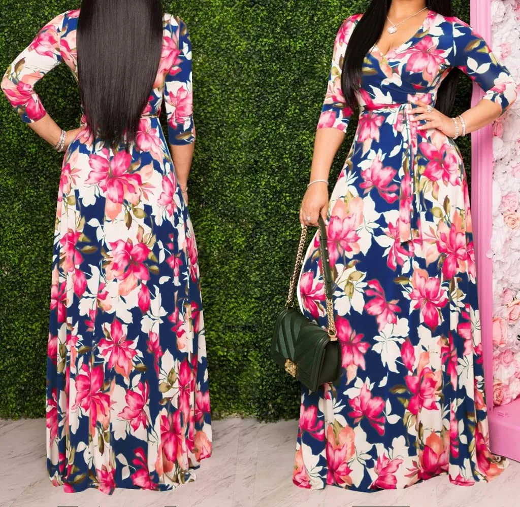 Black Line Womens Casual Floral Print Long Maxi Dress Plus Size Plain Party Outfits - JTNFairy