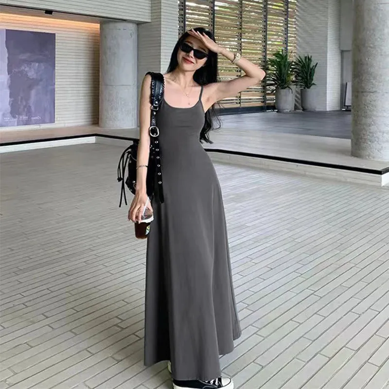 Black Stap Long Dress Women Streetwear Sleeveless A Line Dresses Y2K Korean Slim Sundress Summer Elegant Casual Vestidos