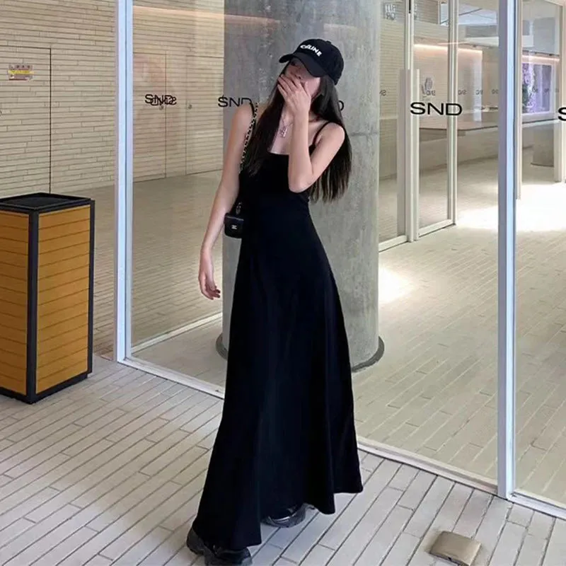 Black Stap Long Dress Women Streetwear Sleeveless A Line Dresses Y2K Korean Slim Sundress Summer Elegant Casual Vestidos