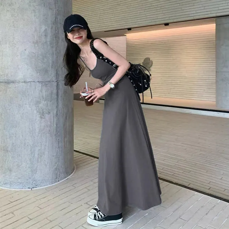 Black Stap Long Dress Women Streetwear Sleeveless A Line Dresses Y2K Korean Slim Sundress Summer Elegant Casual Vestidos