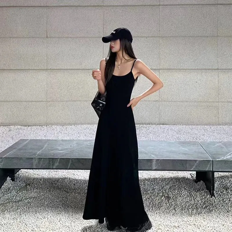 Black Stap Long Dress Women Streetwear Sleeveless A Line Dresses Y2K Korean Slim Sundress Summer Elegant Casual Vestidos