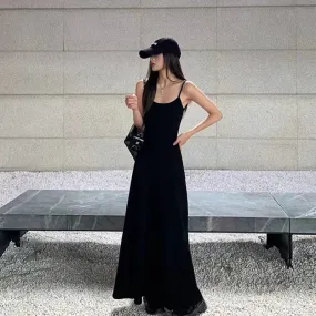 Black Stap Long Dress Women Streetwear Sleeveless A Line Dresses Y2K Korean Slim Sundress Summer Elegant Casual Vestidos