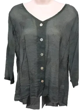Blouse 3/4 Sleeve; Botton Down Sheer Artichoke Dk Green Women's cmp-9818