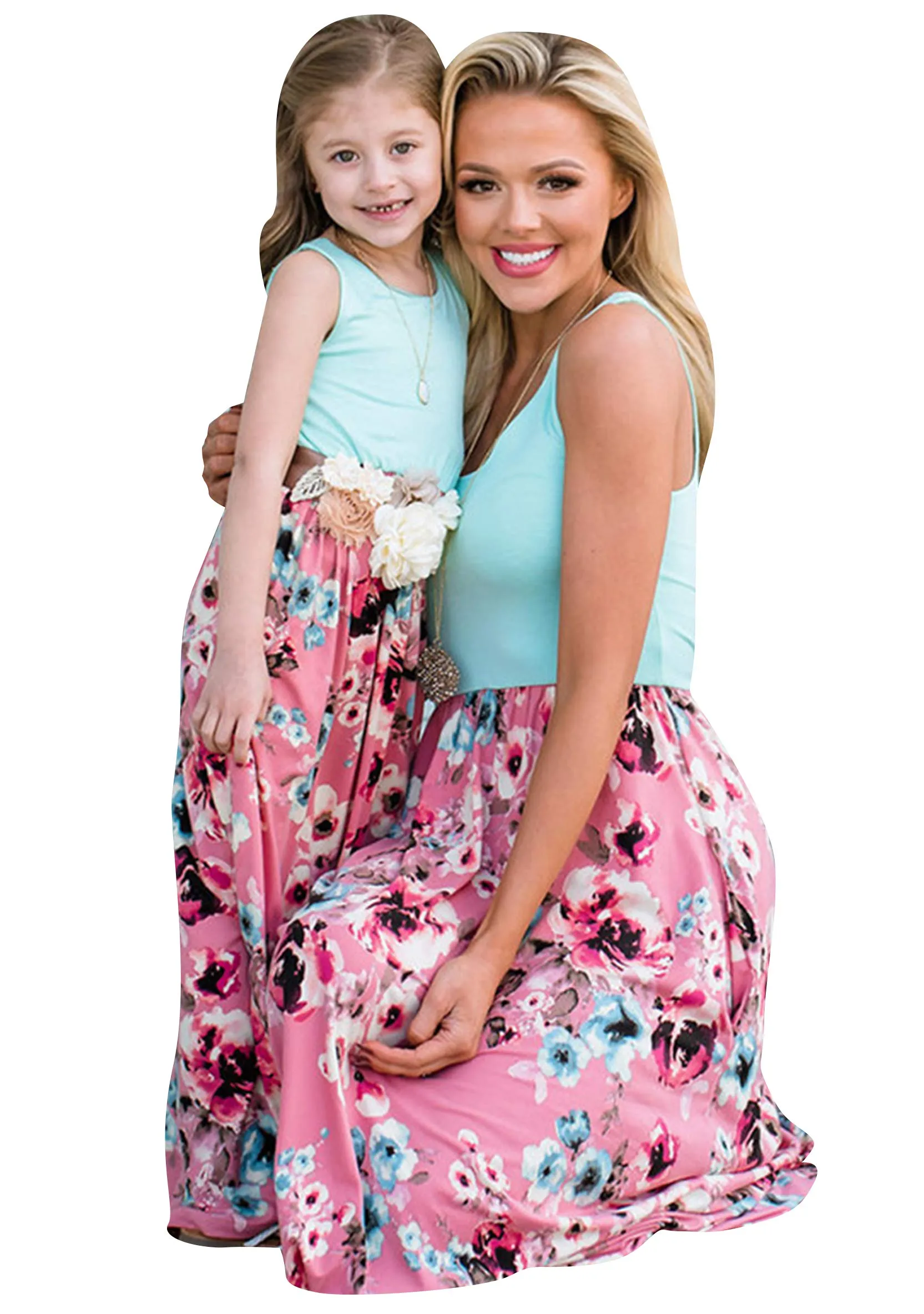Blue Flower Summer Cute Mommy and Me Boho Striped Chevron Maxi Dresses - WIWIQS