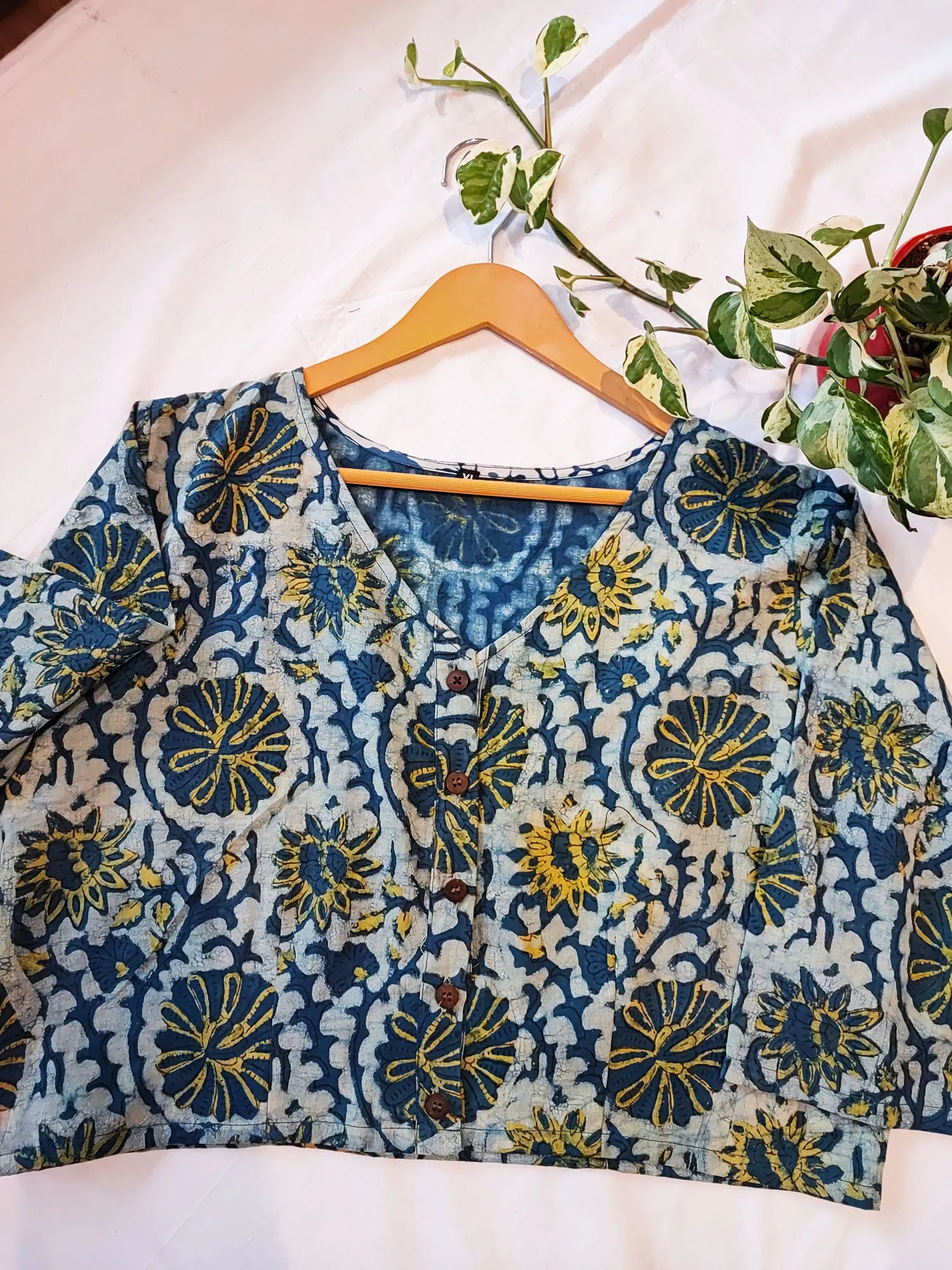Blue, Yellow & White Floral Cotton Contemporary Blouse/Crop Top