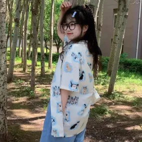 Blusas Mujer De Moda Cat Print Japanese Oversized Tops Chic Summer Shirts Short Sleeve Streetwear Casual Cute Y2k Blouses