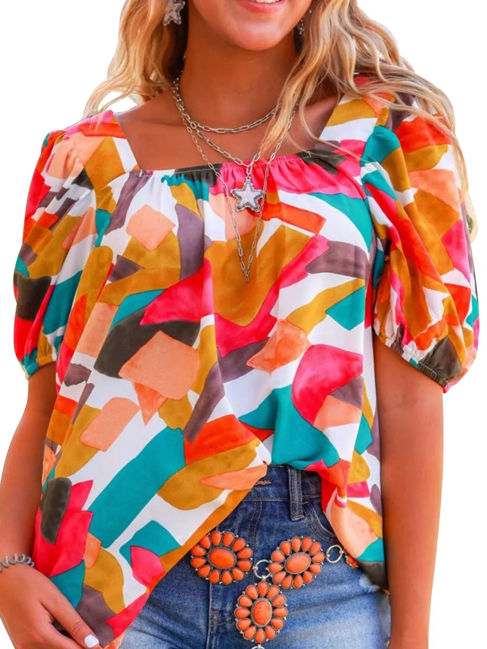 Boho Chic Multicolored Square Neck Abstract Print Blouse