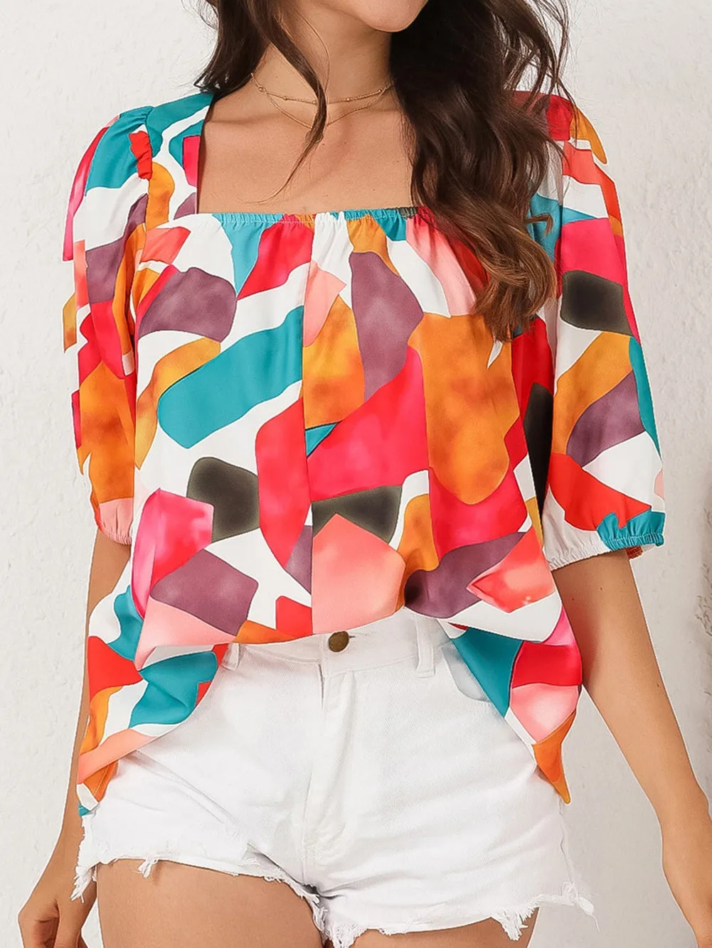 Boho Chic Multicolored Square Neck Abstract Print Blouse