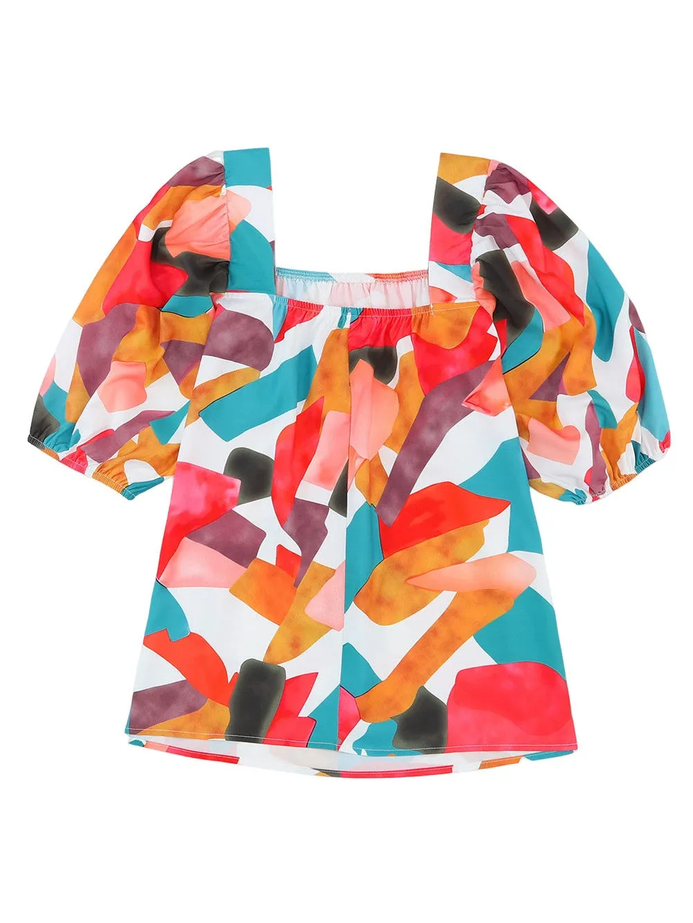 Boho Chic Multicolored Square Neck Abstract Print Blouse