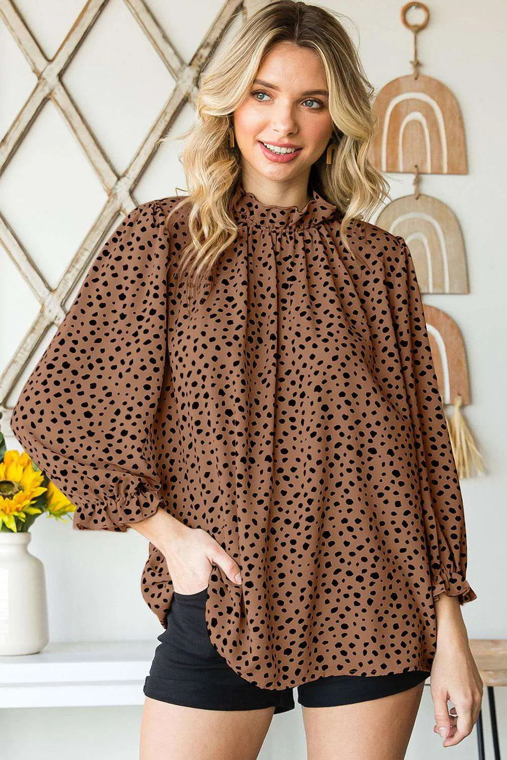 Brown Leopard 3/4 Sleeves Blouse