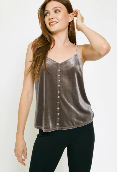 Button Front Velvet Cami in Ash Grey