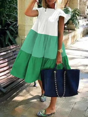 Casual Dress Sundress Midi Dress Red Blue Green Short Sleeve Color Block Patchwork Summer Spring Crew Neck Boho Party Loose Fit  S M L XL XXL 3XL for Women